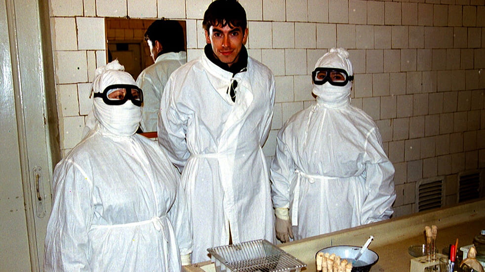 Simon Reeve with researchers from the Kazakhstan plague research institute who work with deadly biological agents